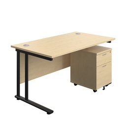 [TWU1480BUNMABK2] Twin Upright Rectangular Desk + Mobile 2 Drawer Pedestal (FSC) | 1400X800 | Maple/Black | 